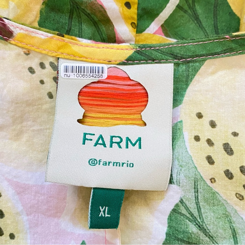 FARM RIO FRESH LEMONS PUFF SLEEVE SHIRT yellow green print balloon button up top - Picture 9 of 10